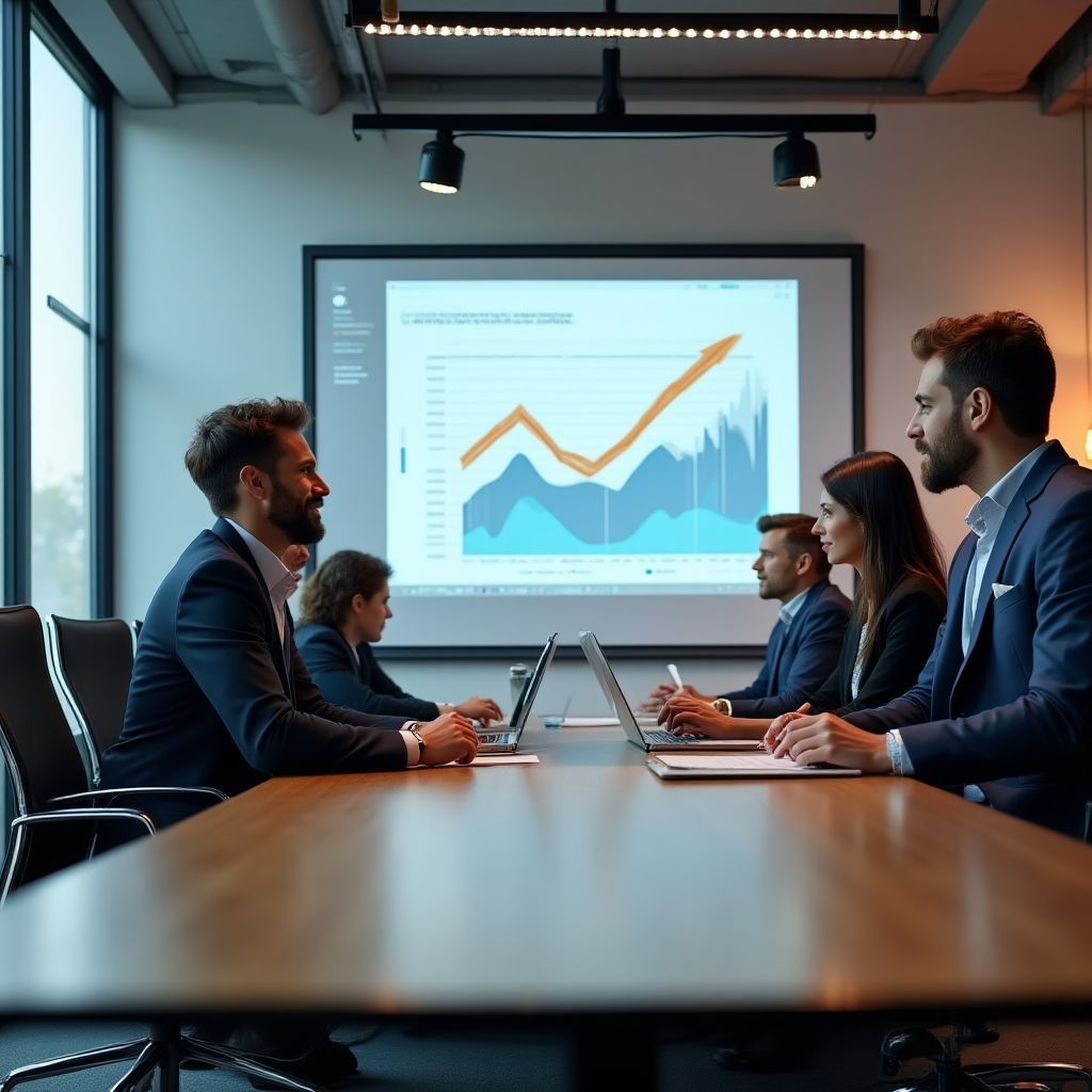Equipo de consultores financieros analizando gráficos de crecimiento
